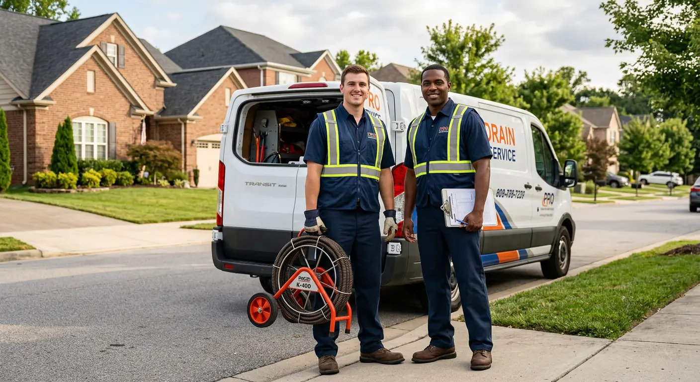 Sewer and drain service team with equipment ready for work in Marysville