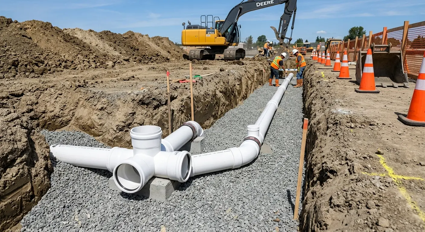 New PVC sewer pipe installation in open trench for Commercial Drain Cleaning in Marysville
